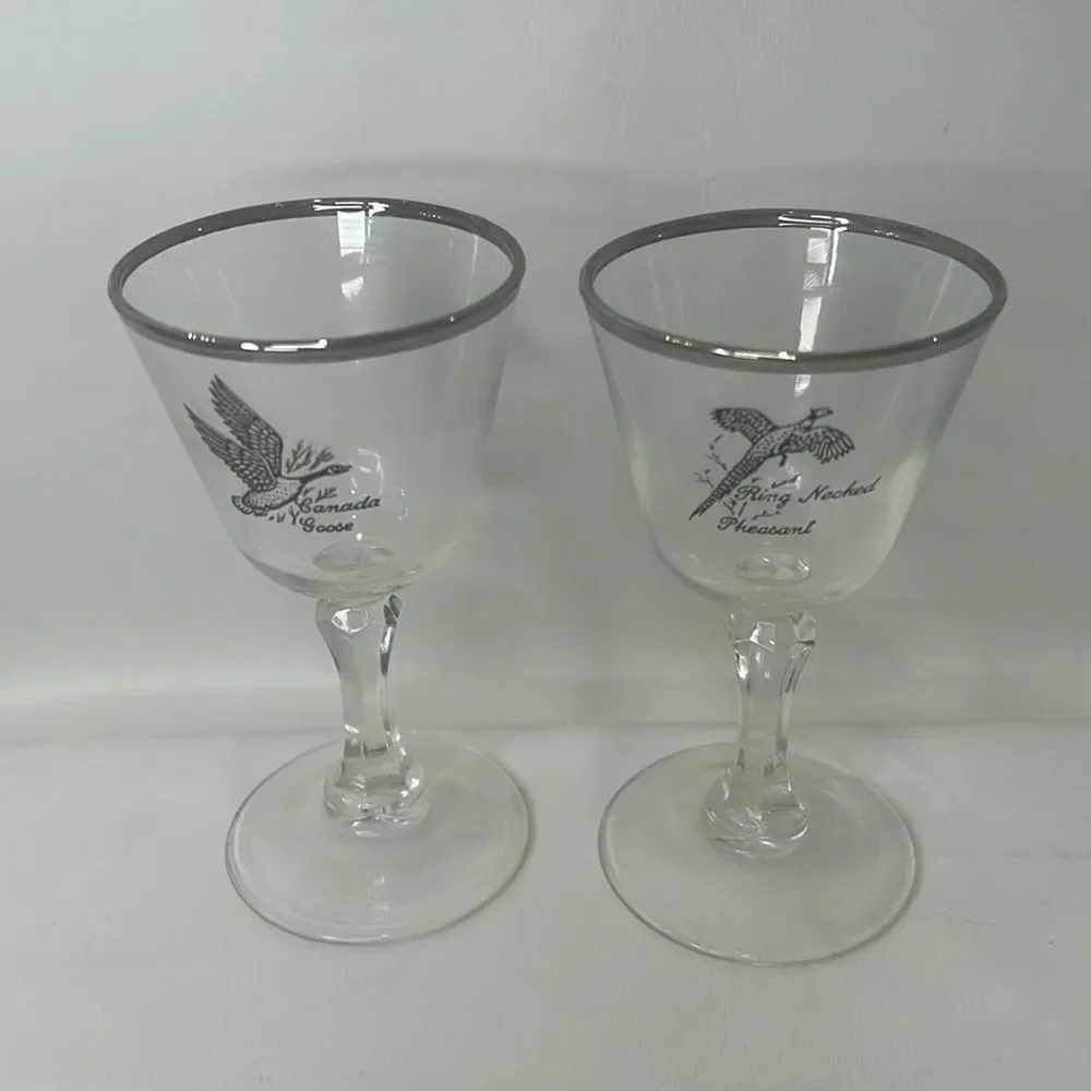 Tiffin Pheasant Grouse Crystal Stem Cocktail Goblet 3 Oz Silver Trim Rim Set 2